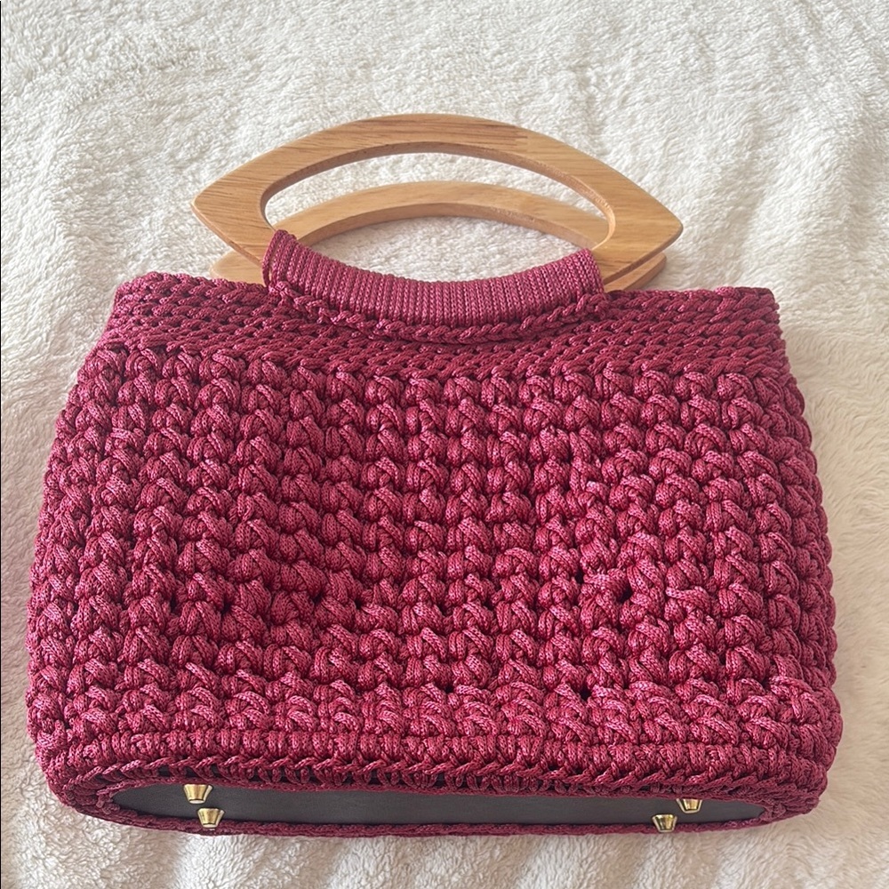 Handcrafted Burgundy Knit Bag with Wooden Handles